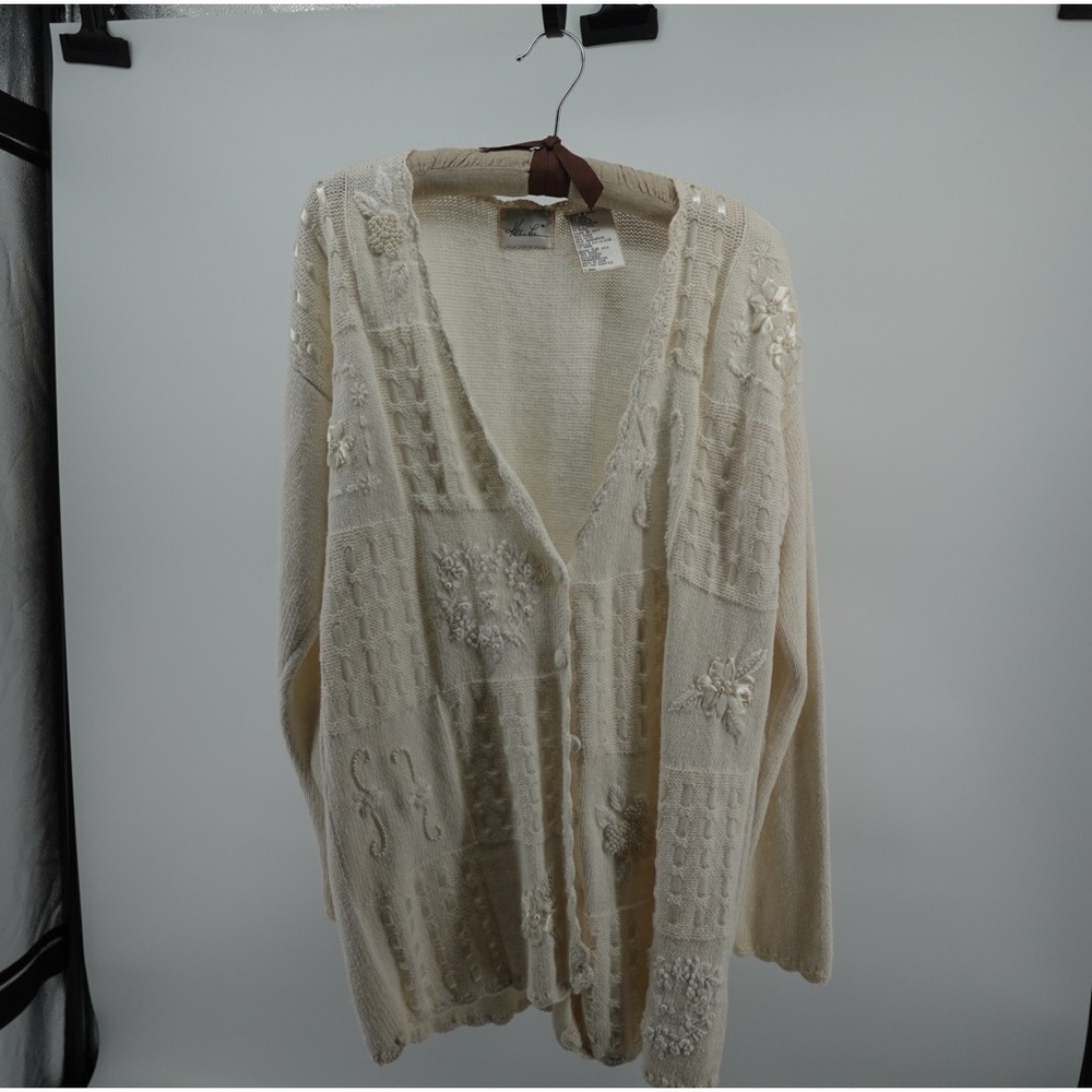 Kathie Lee Vintage Cream Embroidered Floral Pearl Ribbon Cardigan Sweater Small